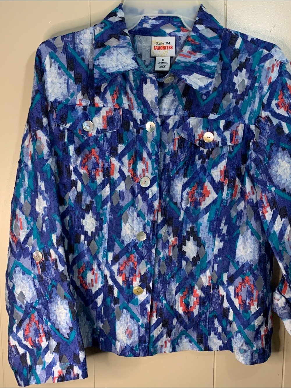 Women’s 8 Ruby Rd. Lightweight Multicolor Patterned Jacket/shirt- Blue/Teal/Red